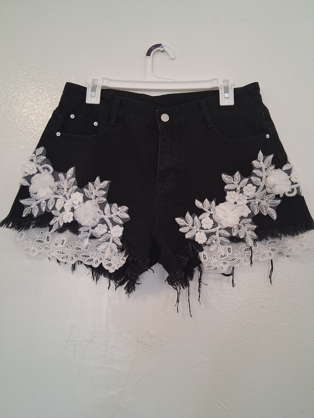Black Denim Shorts with White Floral Lace Appliqué